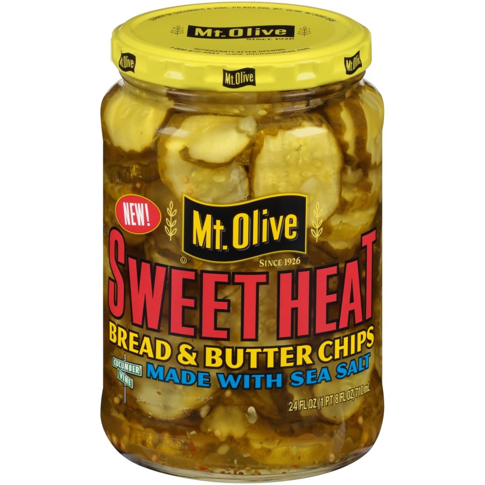 slide 1 of 1, Mt. Olive Sweet Heat Bread & Butter Pickle Chips, 24 fl oz