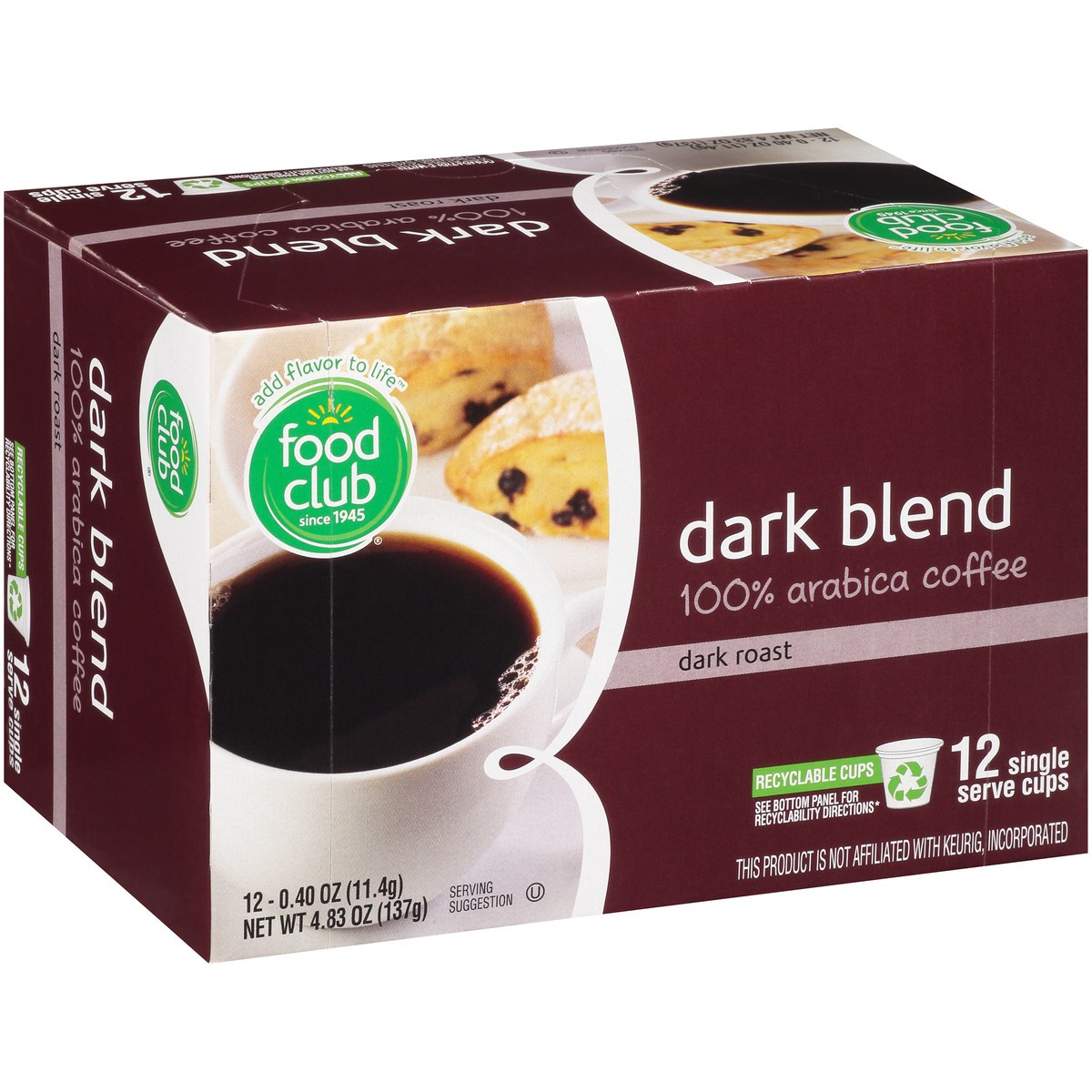 slide 2 of 9, Food Club Coffee, 100% Arabica, Dark Roast, Extra Dark Blend, Single Serve Cups - 12 ct, 12 ct