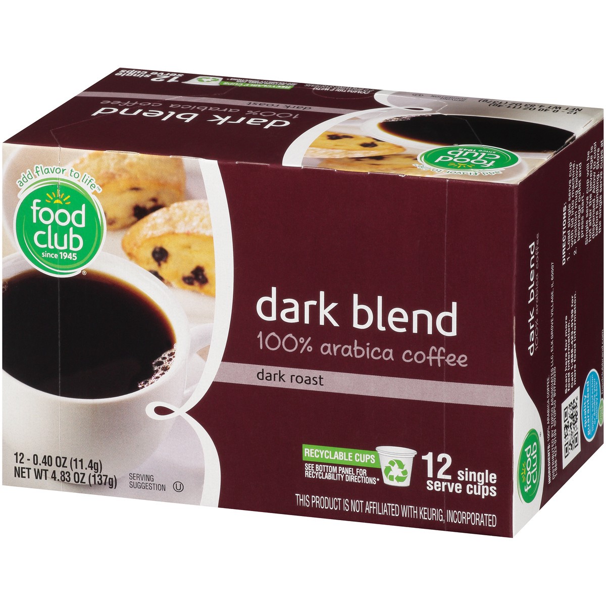 slide 4 of 9, Food Club Coffee, 100% Arabica, Dark Roast, Extra Dark Blend, Single Serve Cups - 12 ct, 12 ct