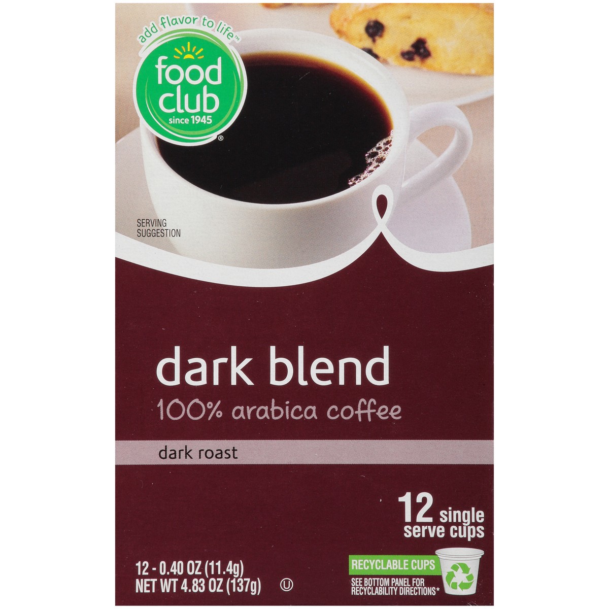 slide 7 of 9, Food Club Coffee, 100% Arabica, Dark Roast, Extra Dark Blend, Single Serve Cups - 12 ct, 12 ct