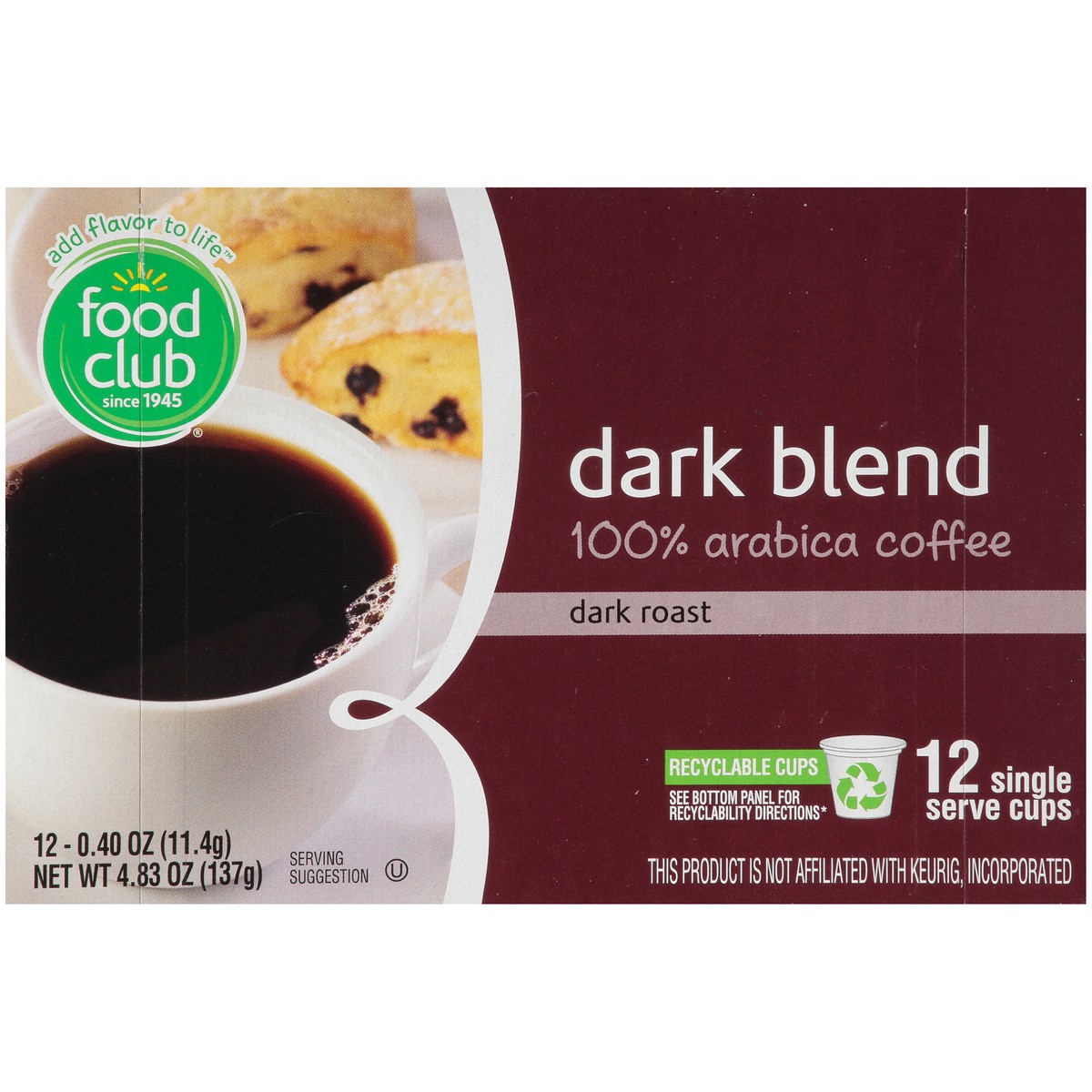 slide 9 of 9, Food Club Coffee, 100% Arabica, Dark Roast, Extra Dark Blend, Single Serve Cups - 12 ct, 12 ct