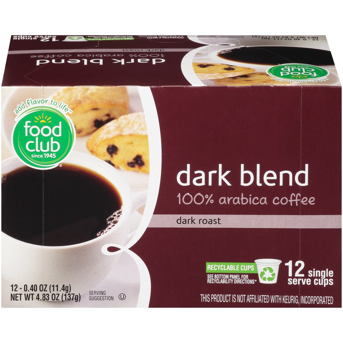 slide 1 of 9, Food Club Coffee, 100% Arabica, Dark Roast, Extra Dark Blend, Single Serve Cups - 12 ct, 12 ct