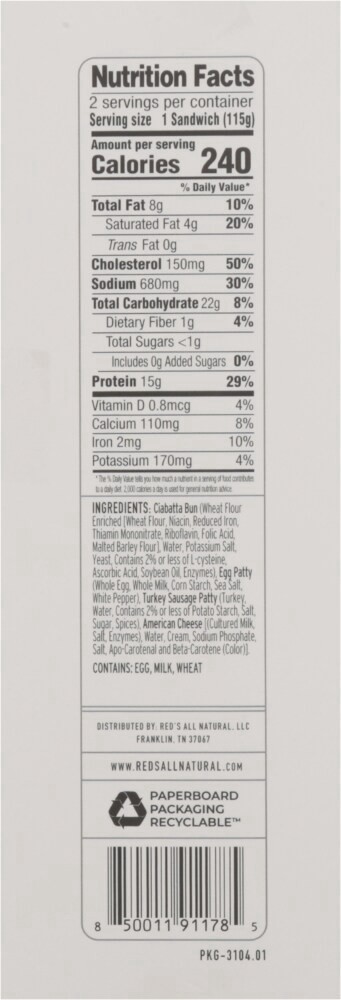 slide 2 of 2, Red's Turkey Sausage Ciabatta Breakfast Sandwich 2pk, 2 ct