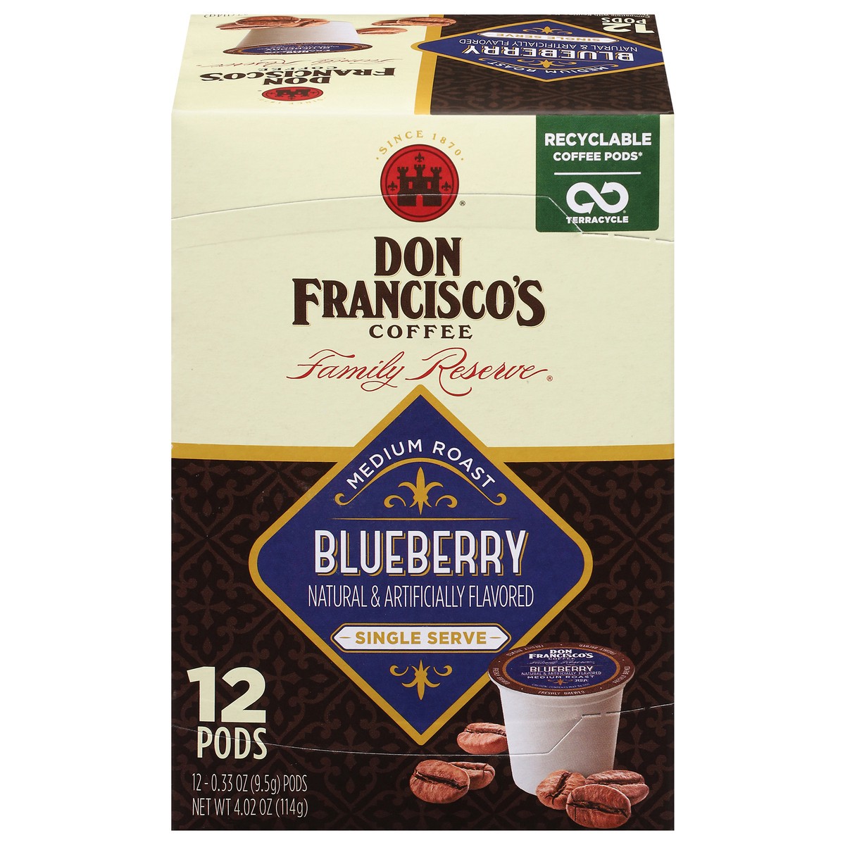 slide 1 of 14, Don Francisco's Blueberry Flavored Medium Roast Coffee Pods- Recyclable Single-Serve Coffee Pods - 3.96 oz, 12 ct