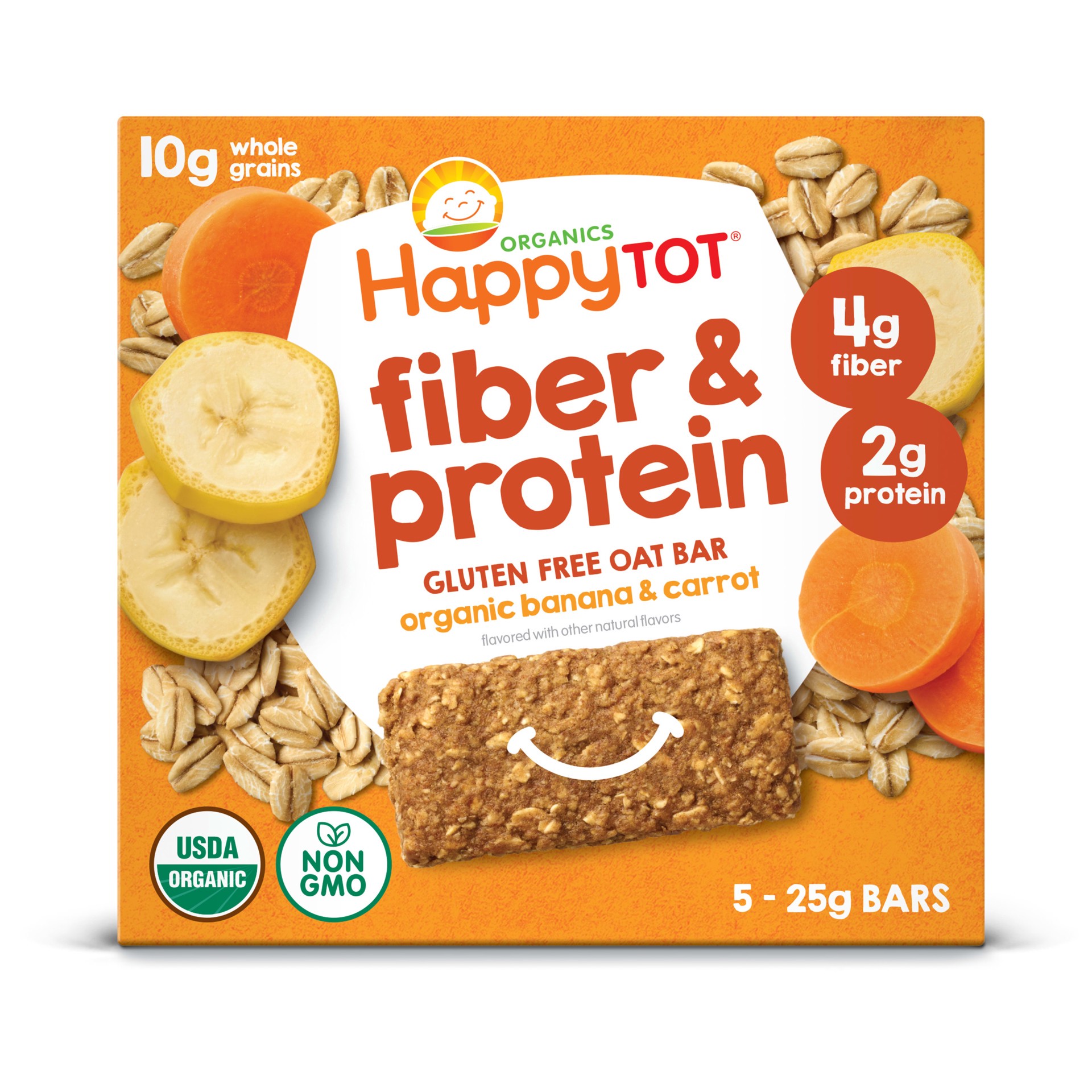 slide 1 of 3, Happy Tot Organics Fiber & Protein Soft-Baked Oat Bars Organic Toddler Snack Banana & Carrot, 0.88 Ounce Bars, 5 Count Box (Pack of 1), 5 ct; 0.88 oz