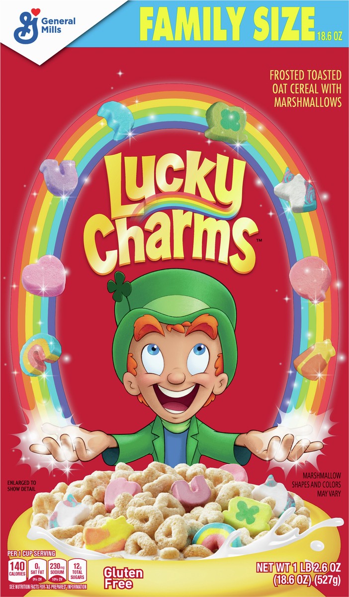 slide 2 of 9, Lucky Charms Gluten Free Cereal with Marshmallows, Kids Breakfast Cereal, Made with Whole Grain, Family Size, 18.6 oz, 18.6 oz