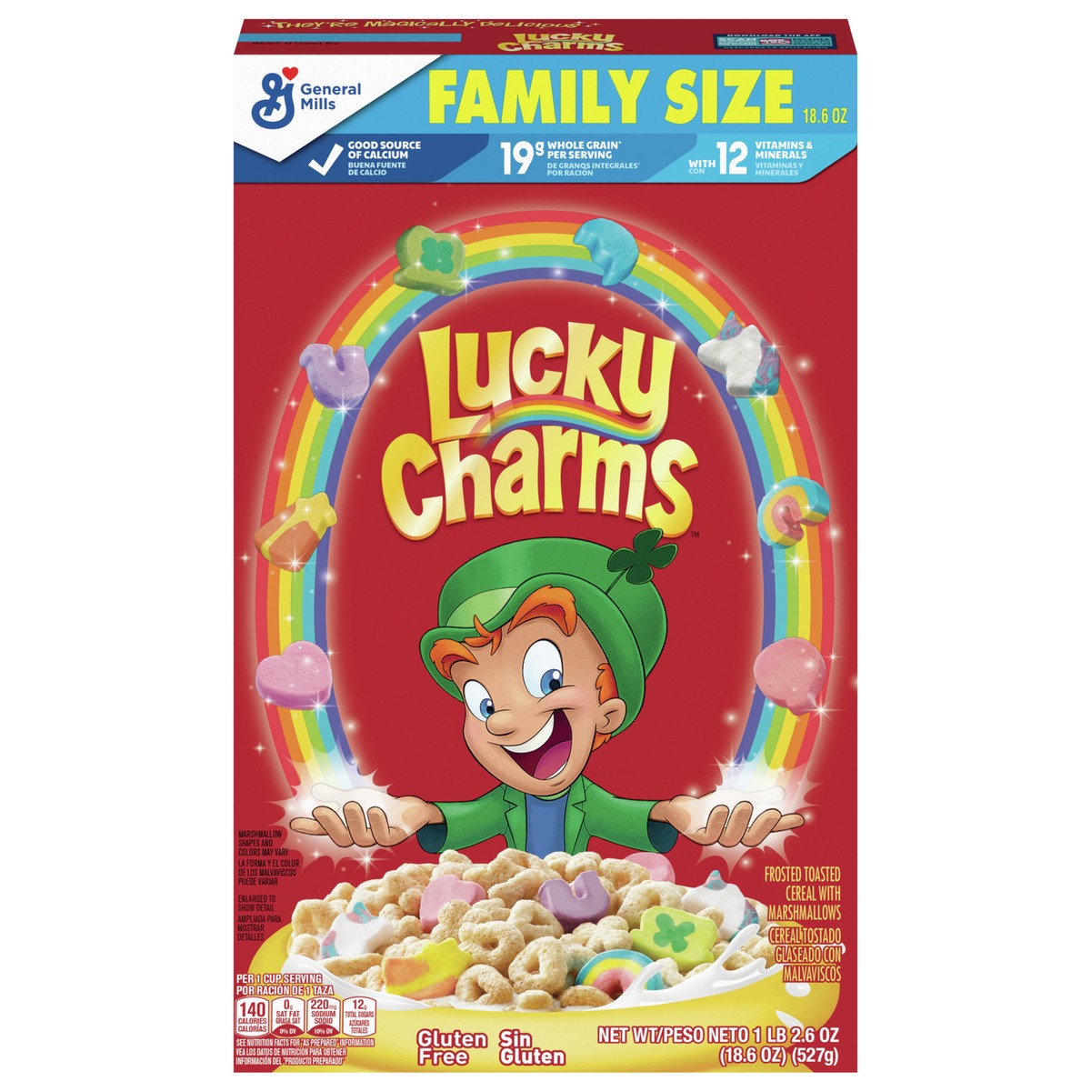 slide 1 of 9, Lucky Charms Gluten Free Cereal with Marshmallows, Kids Breakfast Cereal, Made with Whole Grain, Family Size, 18.6 oz, 18.6 oz