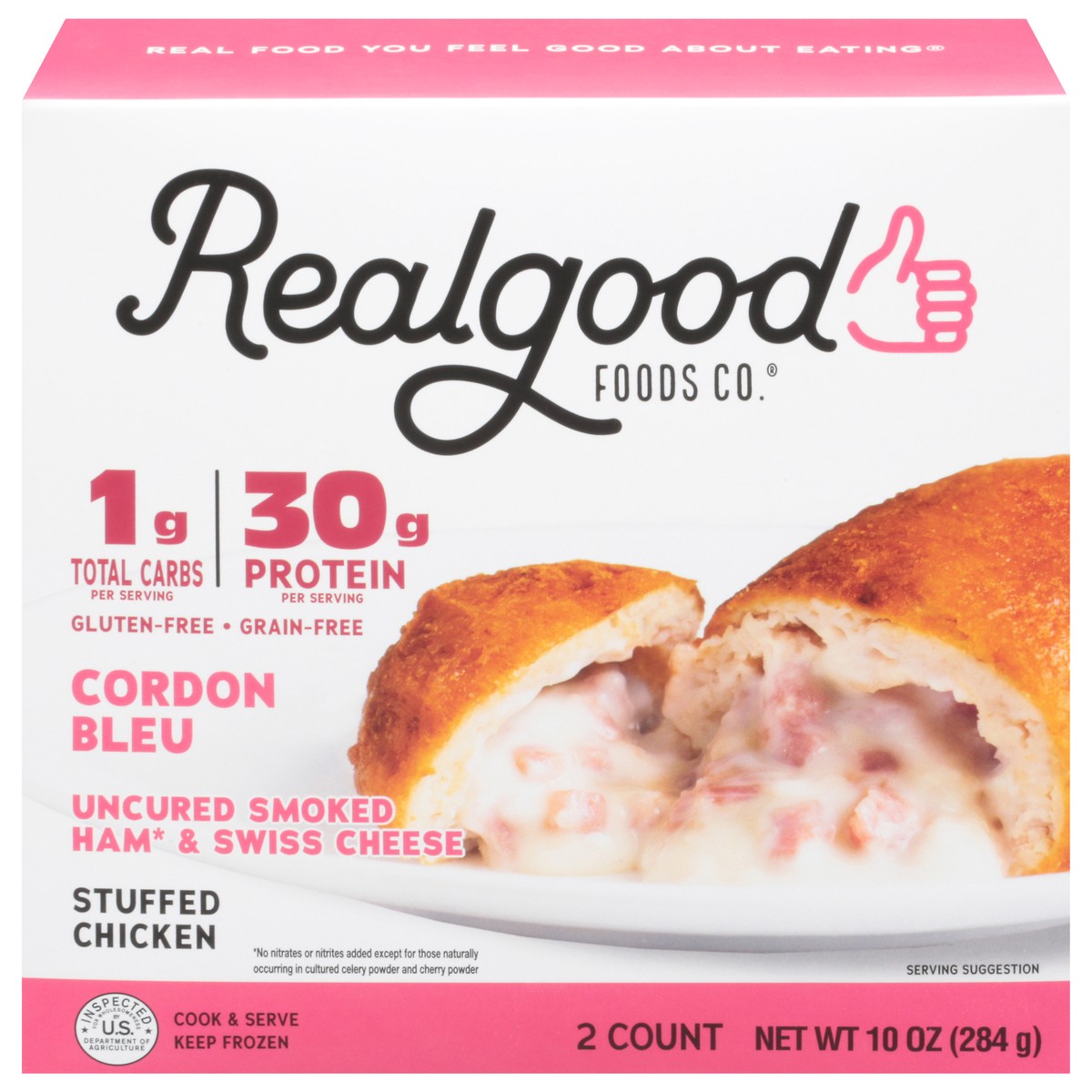 slide 1 of 11, Realgood Foods Co. Cordon Bleu Stuffed Chicken 2 ea, 10 oz