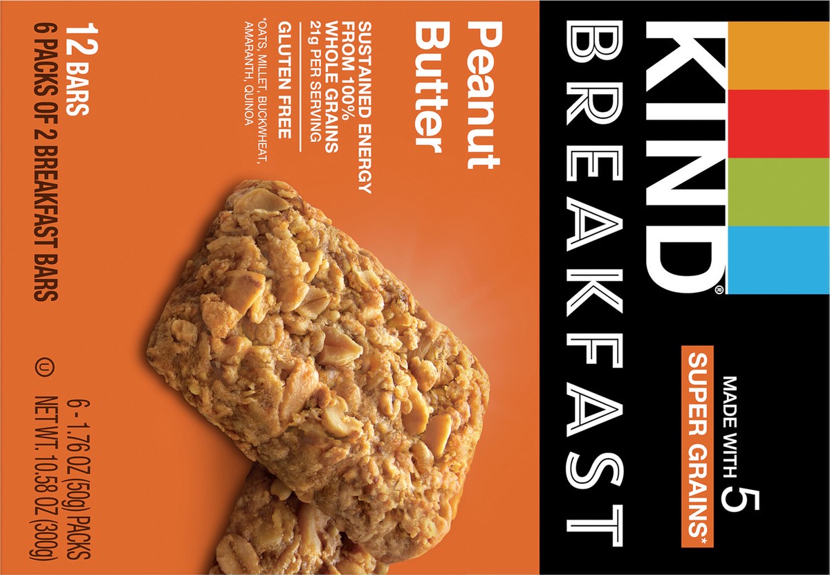 slide 5 of 9, KIND Breakfast 100% Whole Grain Gluten Free Peanut Butter Snack Bars, 1.76 oz, 12 Count, 10.6 oz