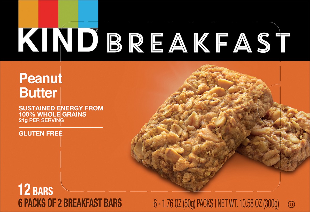 slide 9 of 9, KIND Breakfast 100% Whole Grain Gluten Free Peanut Butter Snack Bars, 1.76 oz, 12 Count, 10.6 oz