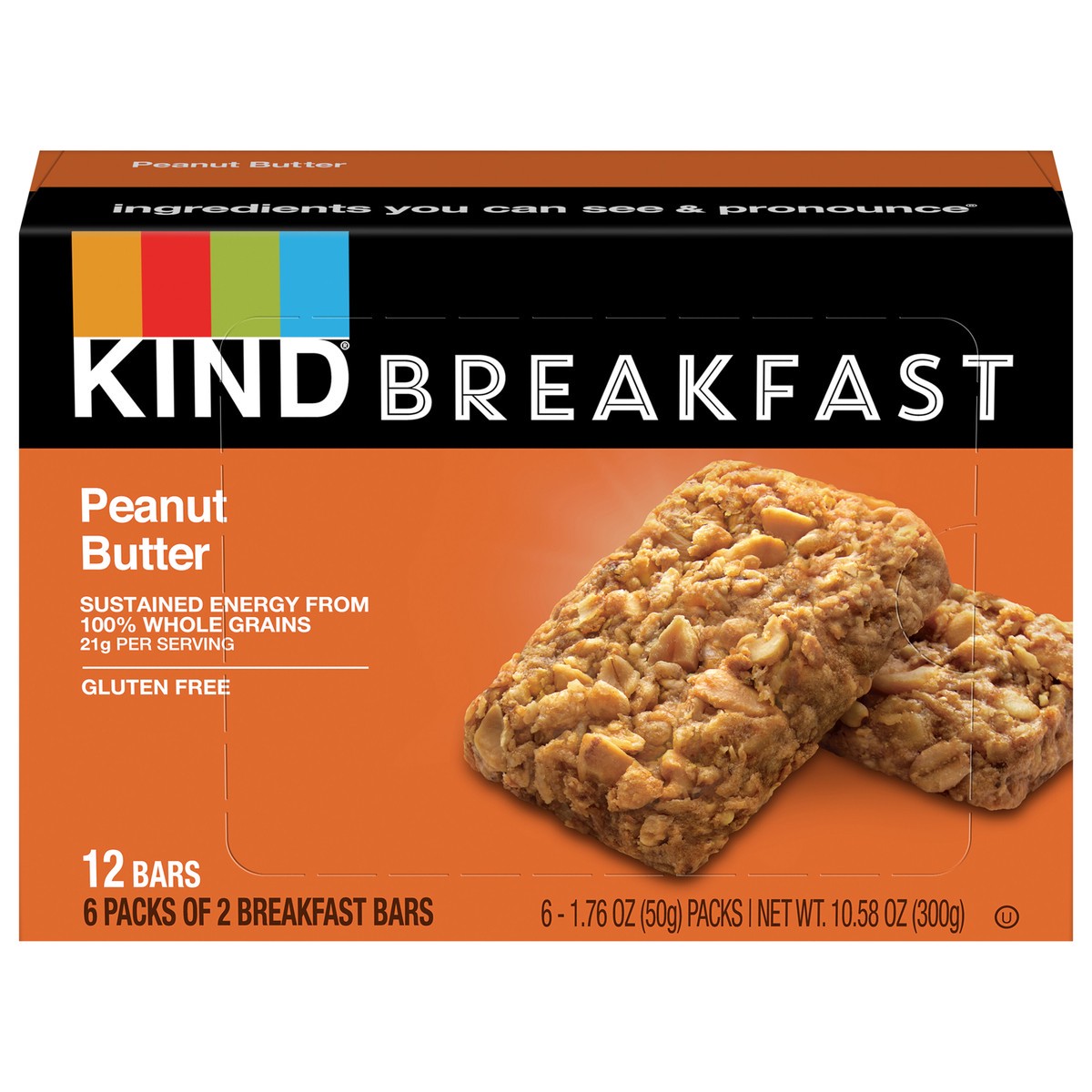 slide 1 of 9, KIND Breakfast, Healthy Snack Bar, Peanut Butter, Gluten Free Breakfast Bars, 100% Whole Grains, 1.76 OZ Packs (6 Count), 6 ct