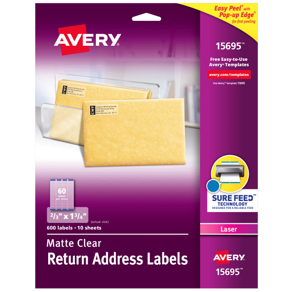 slide 1 of 8, Avery Easy Peel 15695 Permanent Laser Return Address Labels - Clear, 600 ct