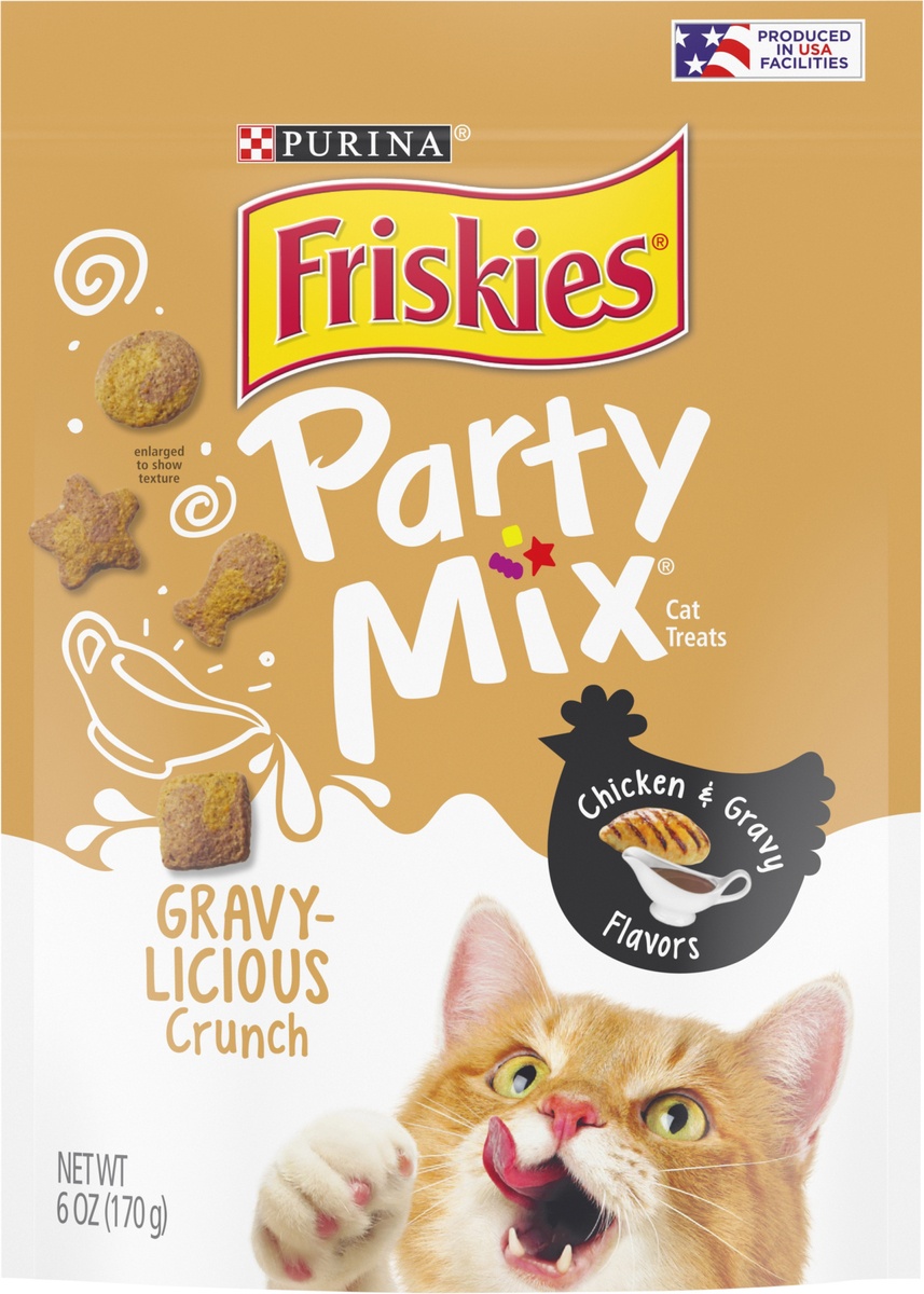 slide 5 of 10, Friskies Party Mix Gravylicious Chicken Gravy Crunch Cat Treats, 6 oz