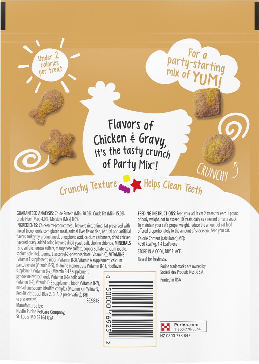 slide 6 of 10, Friskies Party Mix Gravylicious Chicken Gravy Crunch Cat Treats, 6 oz