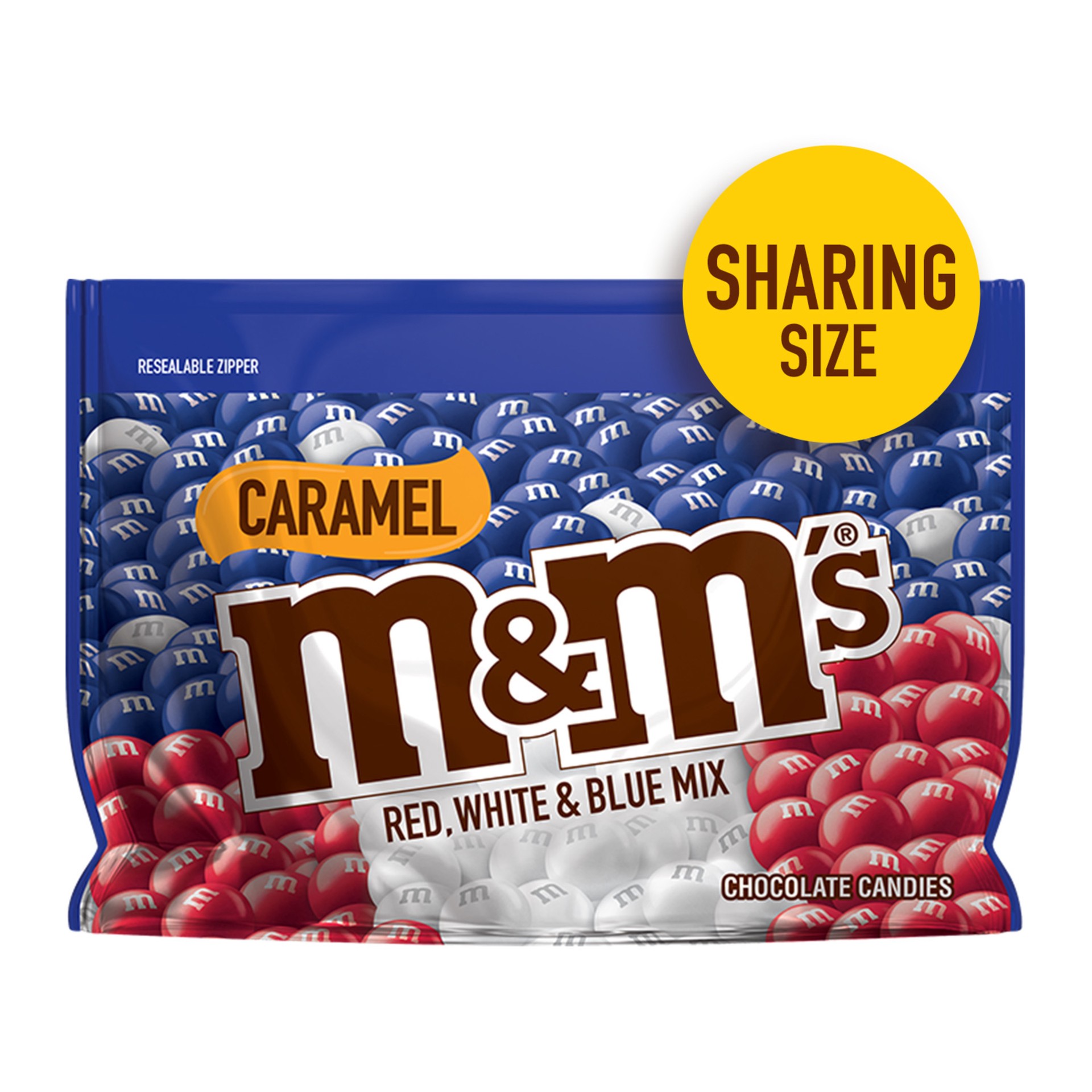 slide 1 of 5, M&M's Red, White & Blue Patriotic Caramel Chocolate Candy, 9.6-Ounce Share Size Bag, 9.6 oz