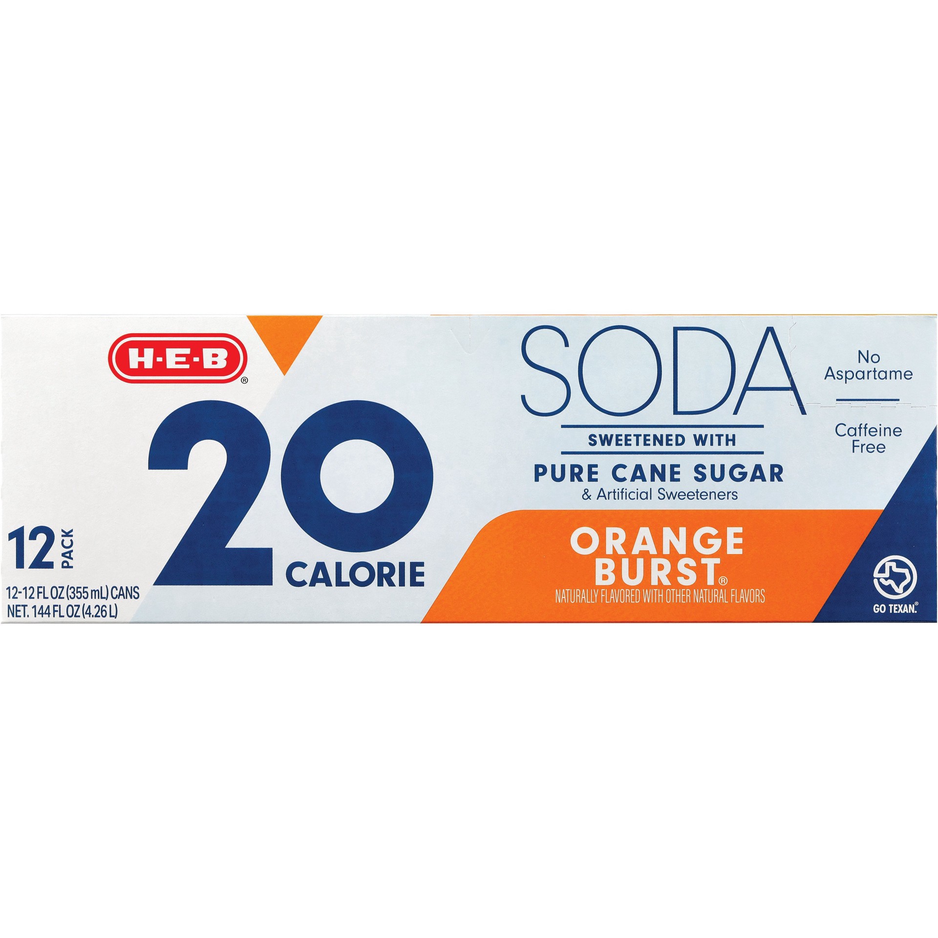 slide 1 of 1, H-E-B 20 Calorie Orange Burst Soda 12 pk Cans - Pure Cane Sugar, 12 oz