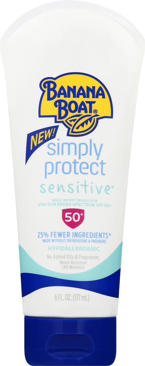 slide 1 of 8, Banana Boat Simply Protect UVA/UVB Broad Spectrum SPF 50+ Sensitive Sunscreen Lotion 6 oz, 1 cnt