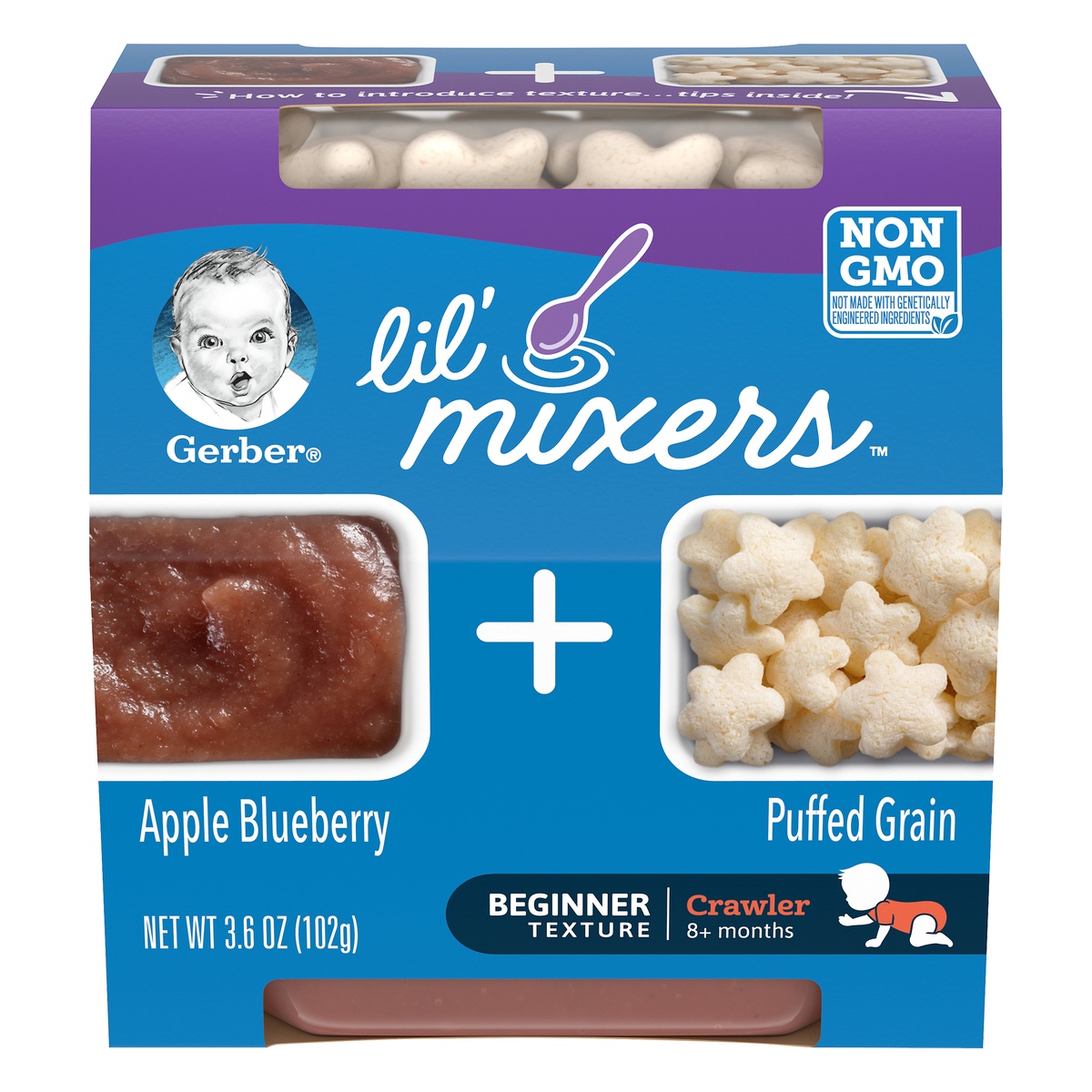 slide 1 of 1, Gerber Lil' Mixers Beginner Texture 8+ Months Apple Blueberry + Puffed Grain 3.6 oz, 3.6 oz