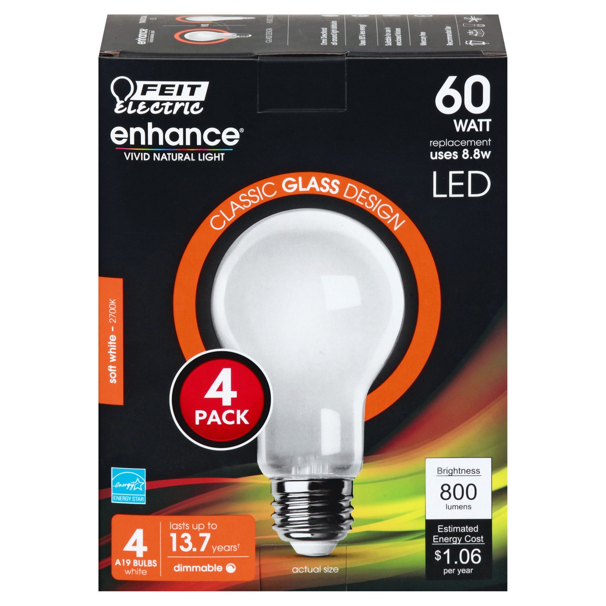 slide 1 of 8, Feit Electric Enhance A19 60 Watt Dimmable LED Soft White Light Bulb, 4 ct