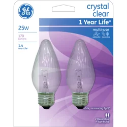 GE Crystal Clear Decorative F Type 25 Watts Light Bulbs 2 ea