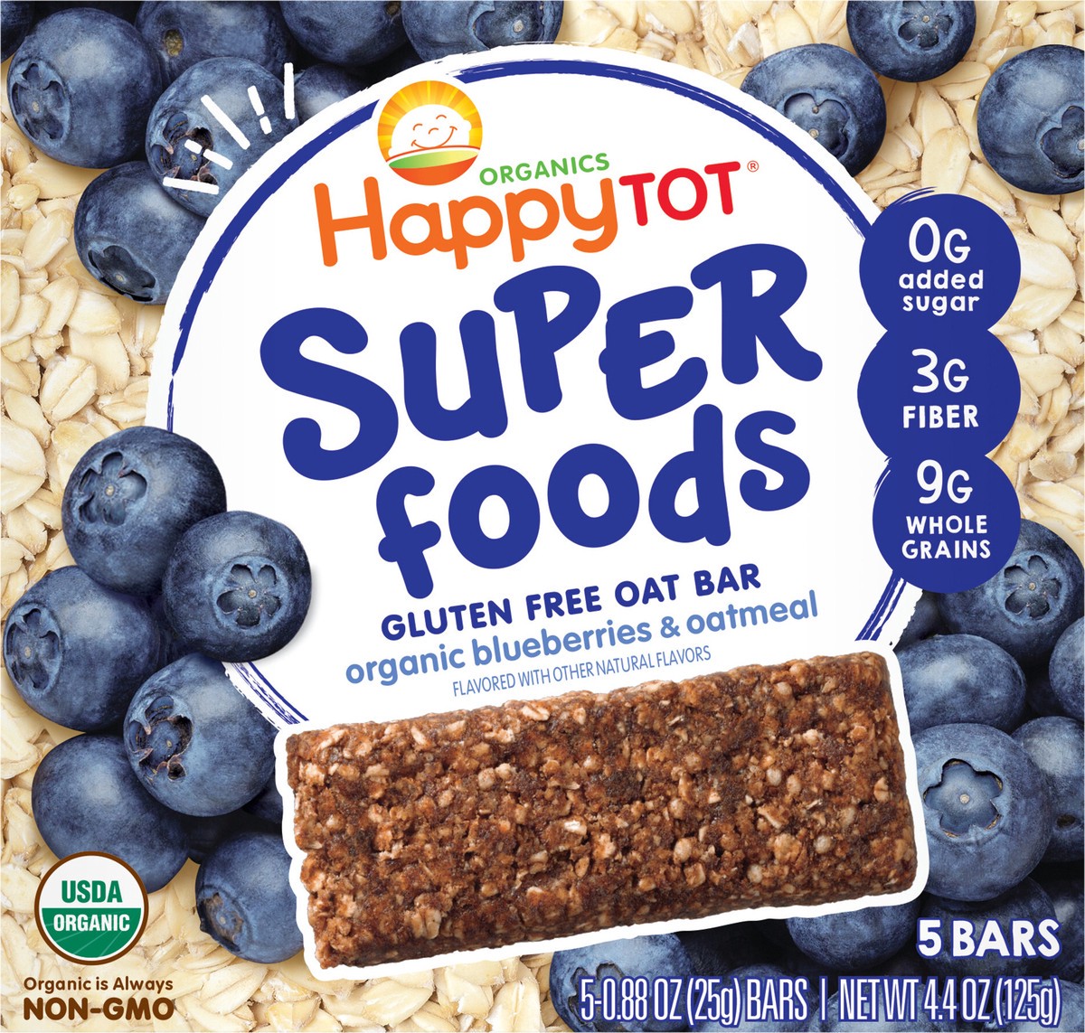 slide 3 of 3, Happy Tot Organics Super Foods Gluten Free Oat Bar Organic Blueberries & Oatmeal 5-0.88 oz Bars UNIT, 4.4 oz