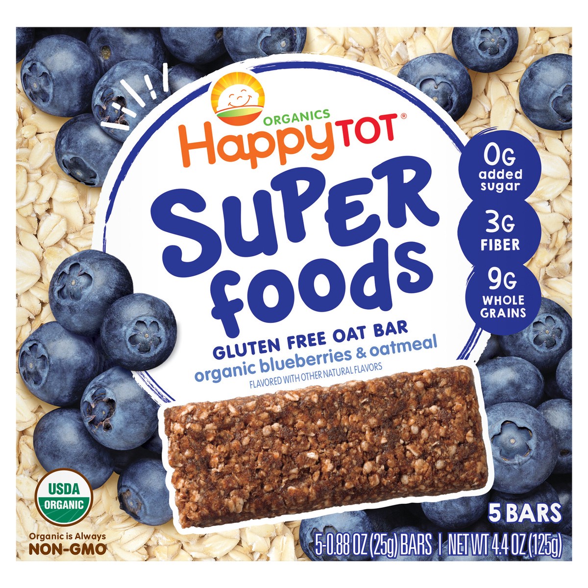 slide 1 of 3, Happy Tot Organics Super Foods Gluten Free Oat Bar Organic Blueberries & Oatmeal 5-0.88 oz Bars UNIT, 4.4 oz
