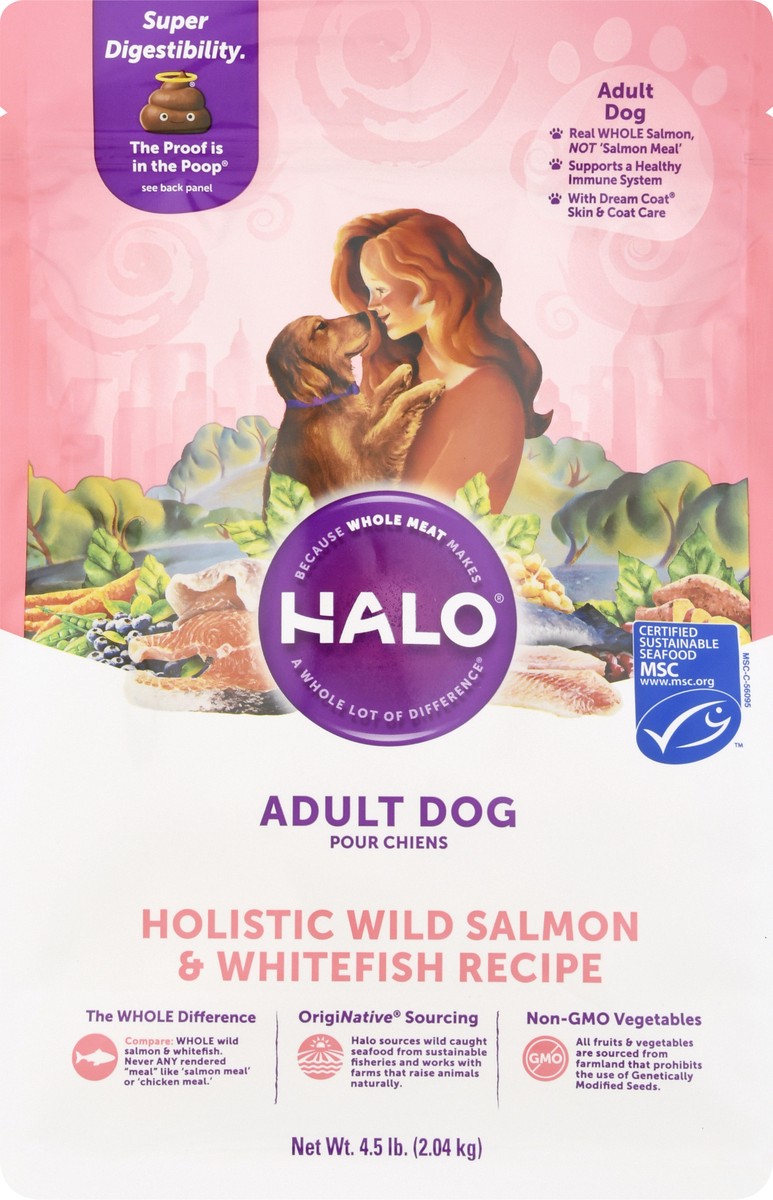 slide 4 of 10, Halo Adult Dog Holistic Wild Salmon & Whitefish Recipe Dog Food 4.5 lb, 4.5 lb