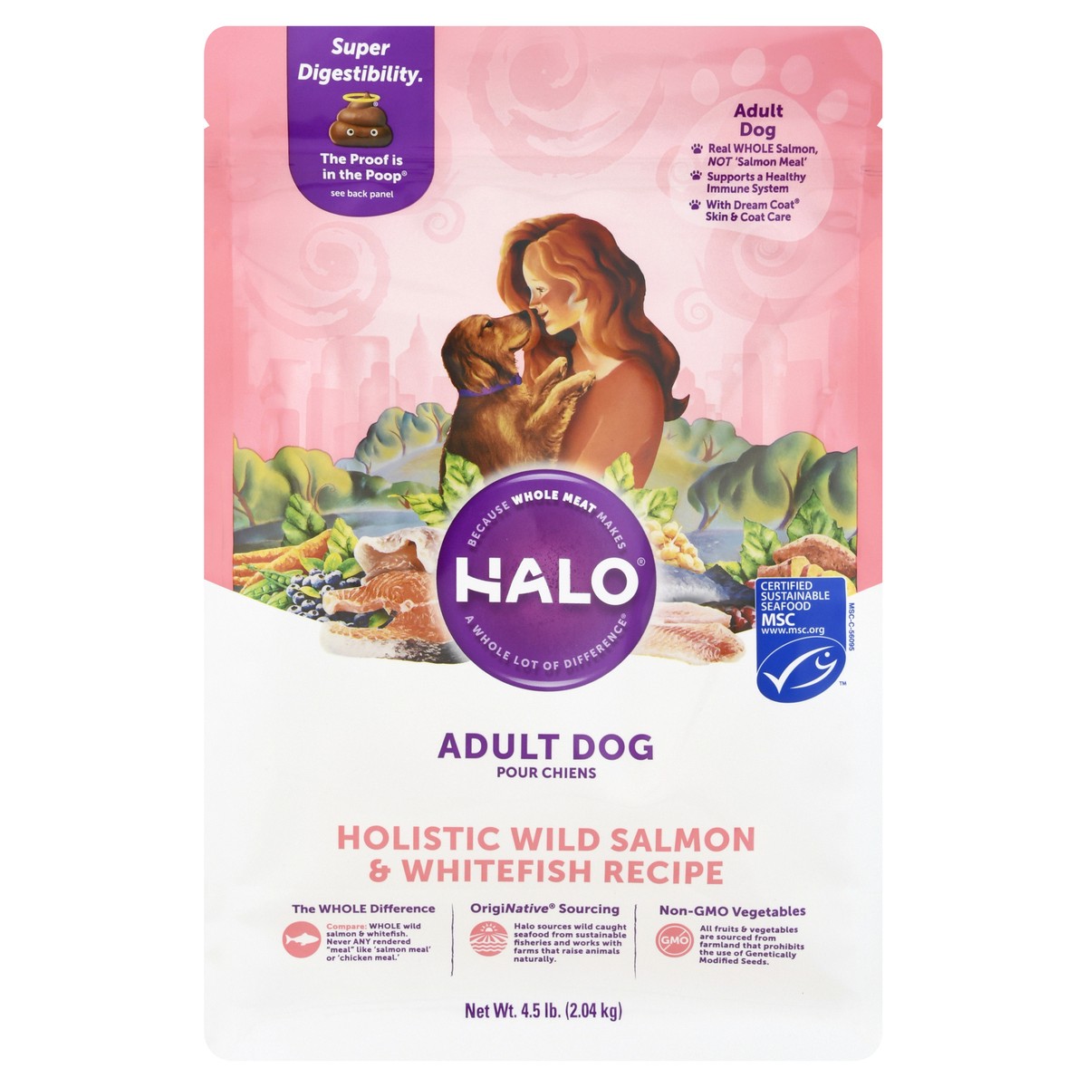 slide 1 of 10, Halo Adult Dog Holistic Wild Salmon & Whitefish Recipe Dog Food 4.5 lb, 4.5 lb