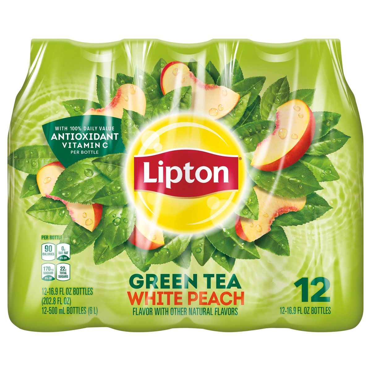 slide 1 of 3, Lipton Green Tea White Peach 16.9 Fl Oz 12 Count, 202.8 oz