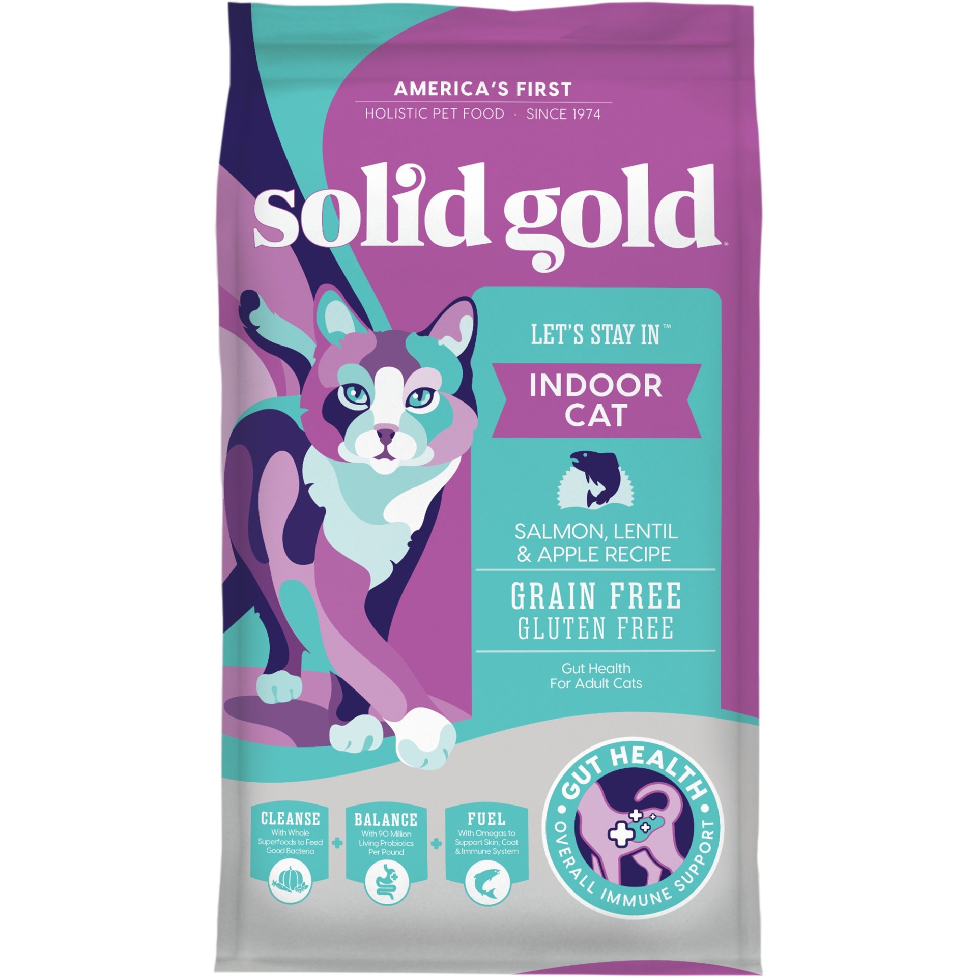 slide 1 of 1, Solid Gold Let's Stay In Indoor Cat Salmon, Lentil & Apple Recipe for Adult Cats; Grain Free Dry Food with Superfoods, 3.25 lb