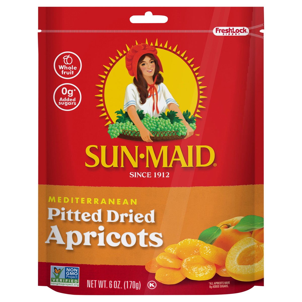 slide 1 of 3, Sun-Maid Mediterranean Pitted Dried Apricot 6oz Fresh-Lock Zipper Resealable Stand-Up Bag, 6 oz