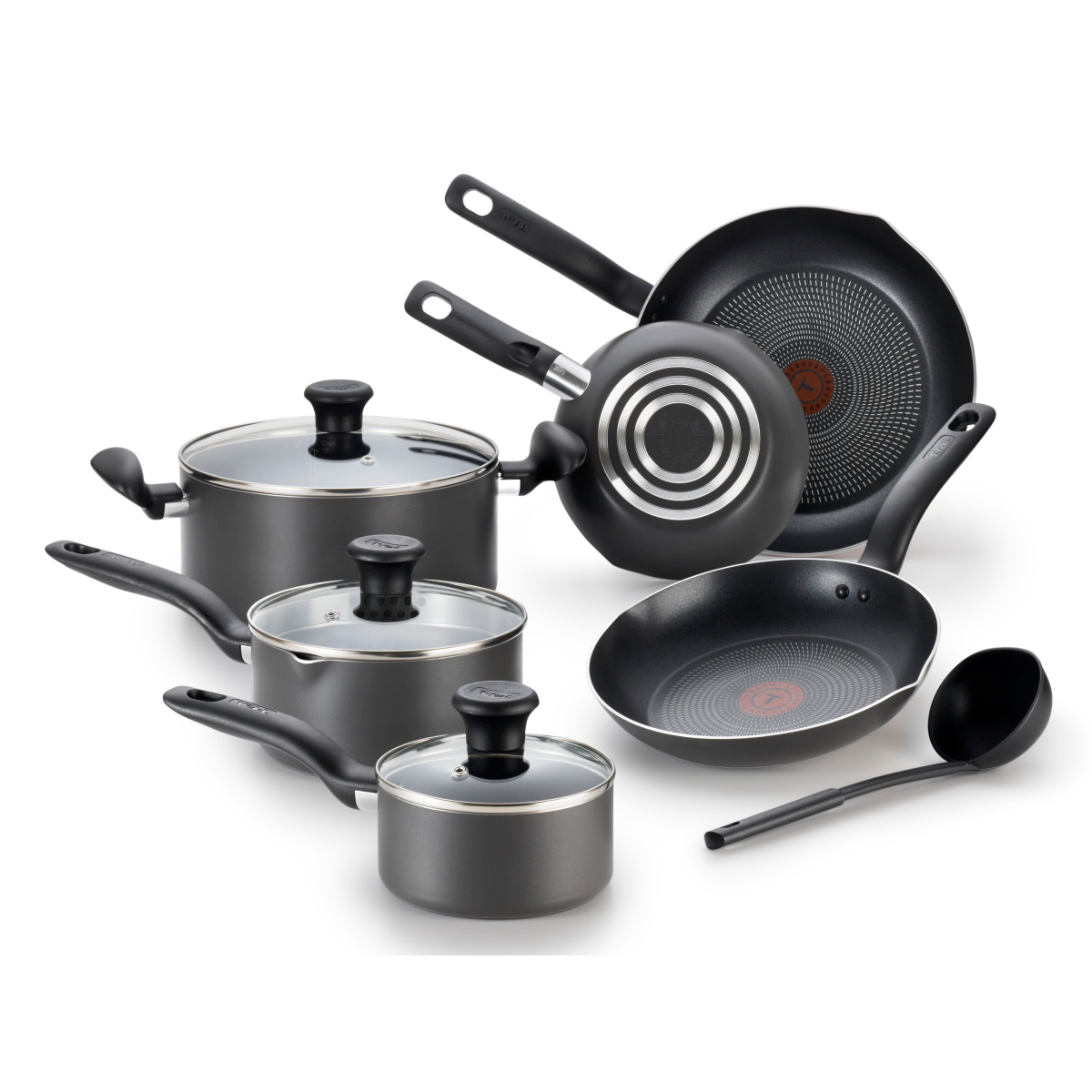 slide 1 of 29, T-fal Initiatives Nonstick Inside and Out Cookware Set - Charcoal, 10 pc