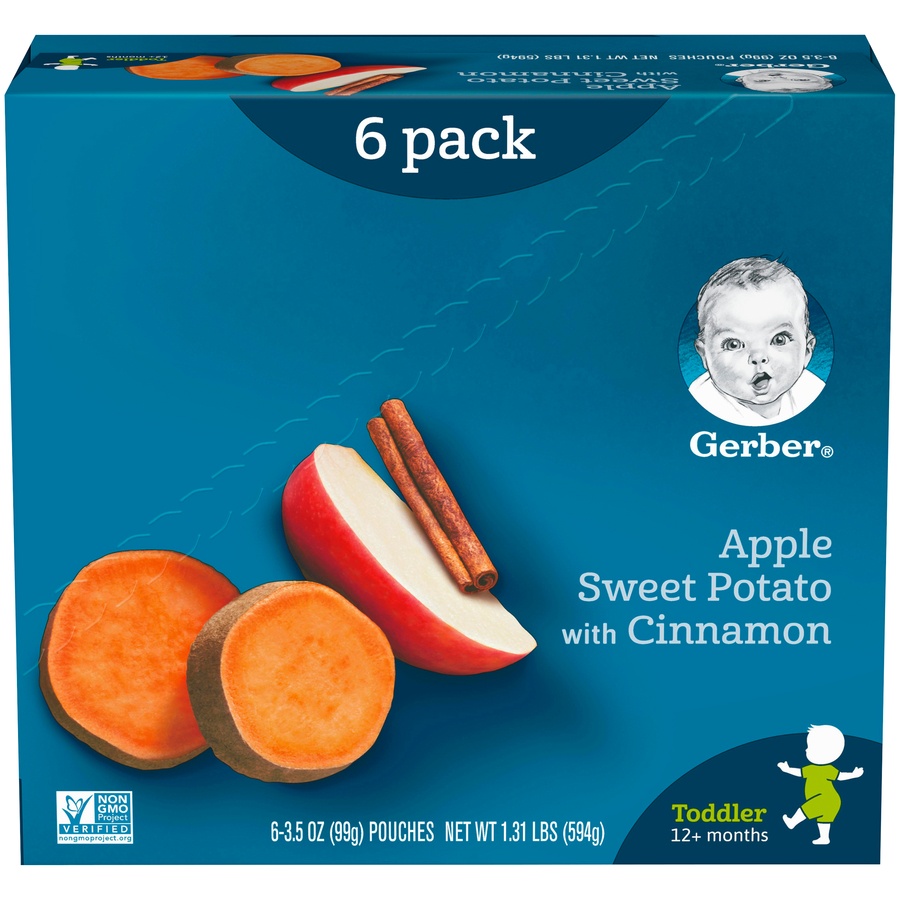 slide 1 of 8, Gerber Toddler Pouches Gerber Toddler Apple Sweet Potato With Cinnamon 6 - 3.5 Oz. Pouches, 1.31 lb