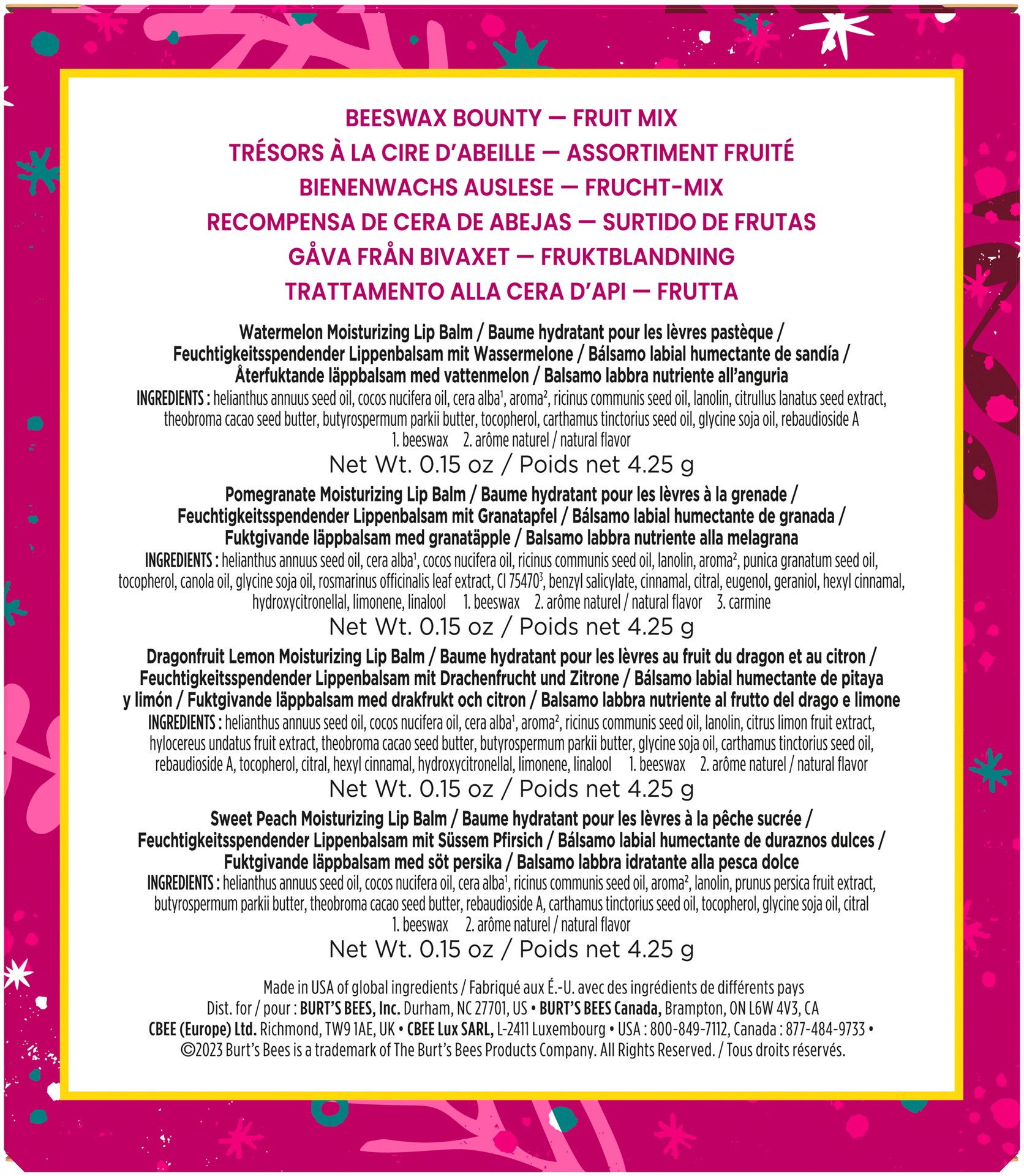 slide 5 of 5, Burt's Bees Beeswax Bounty Fruit Mix Lip Balm Gift Set, Natural Origin Lip Care, 4 Tubes, 0.15 oz., 1 ct