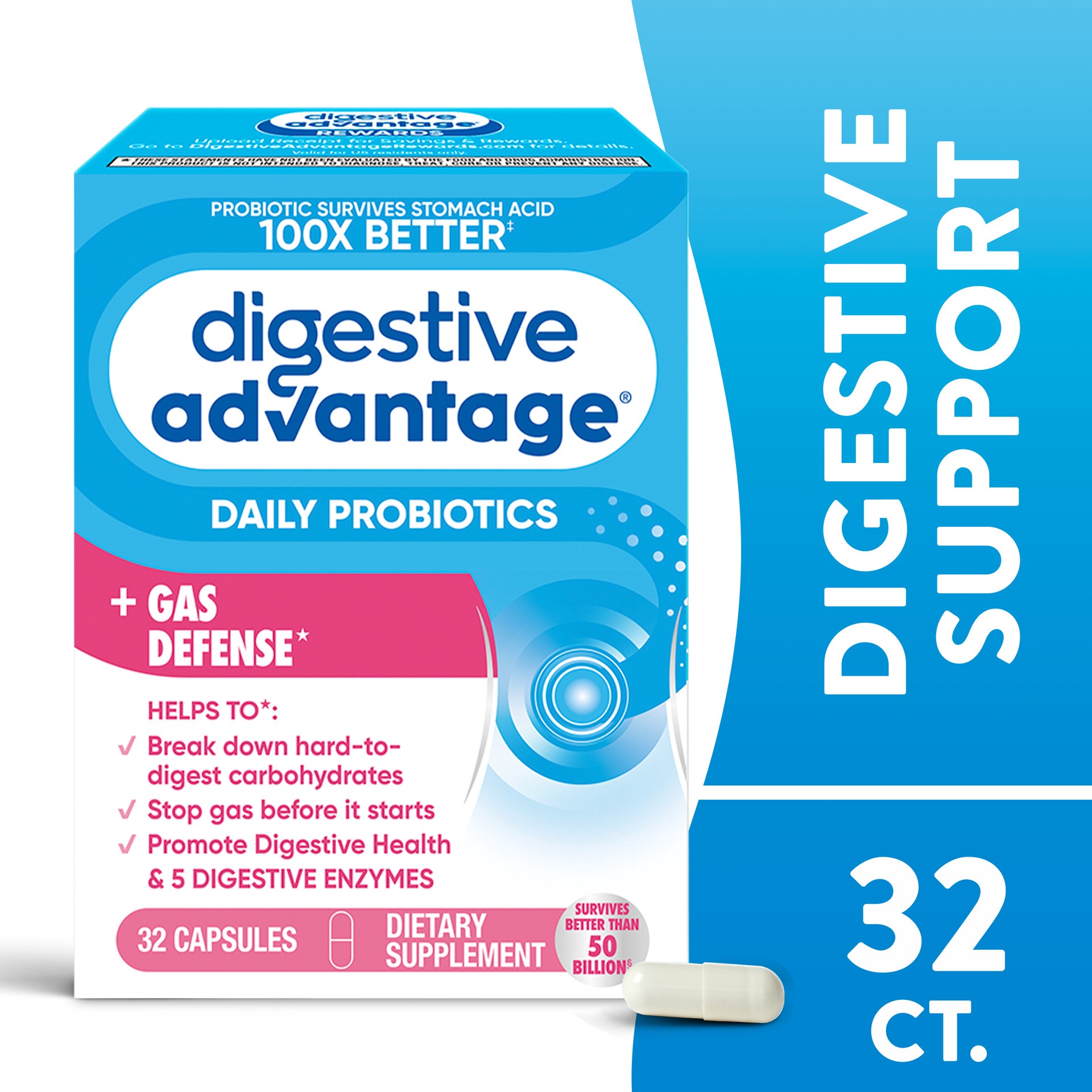 slide 1 of 5, Digestive Advantage Fast Acting Enzymes + Daily Probiotic - Helps prevent gas & break down food particles, 32 Capsules, 32 ct