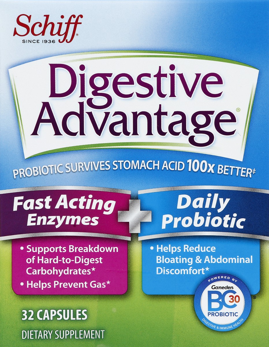 slide 3 of 5, Digestive Advantage Fast Acting Enzymes + Daily Probiotic - Helps prevent gas & break down food particles, 32 Capsules, 32 ct