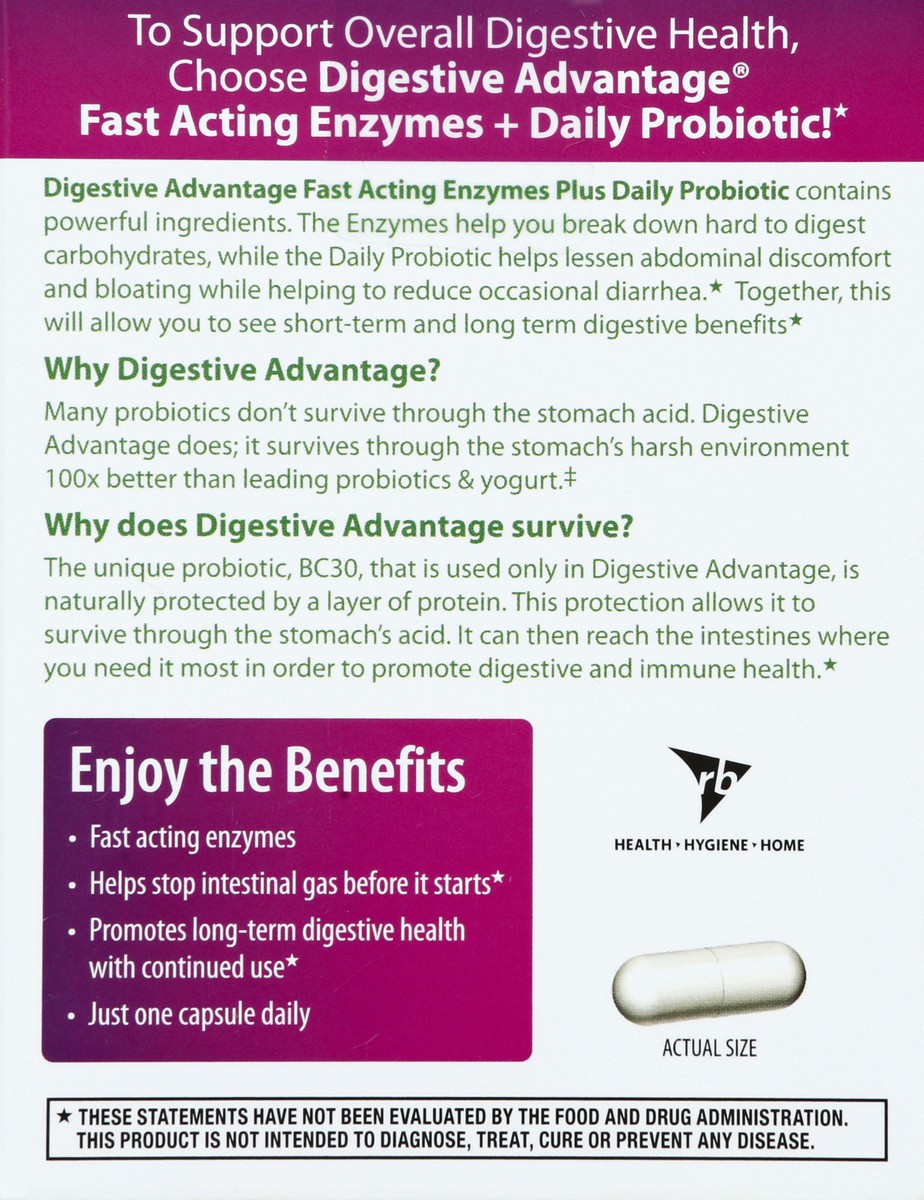 slide 4 of 5, Digestive Advantage Fast Acting Enzymes + Daily Probiotic - Helps prevent gas & break down food particles, 32 Capsules, 32 ct