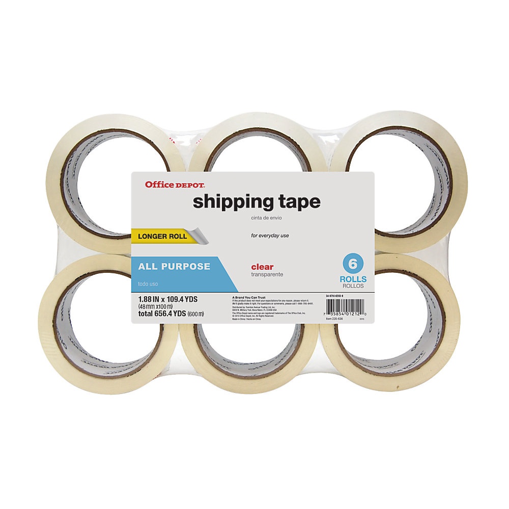 slide 1 of 1, Office Depot Brand Shipping Tape, Multipurpose, 1.89'' X 109.4 Yd., Clear, Pack Of 6 Rolls, 6 ct