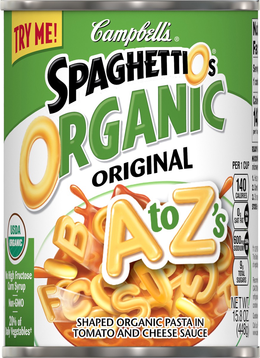 slide 3 of 12, Campbell's SpaghettiOs Organic A to Z's, 15.8 oz. Can, 15.8 oz