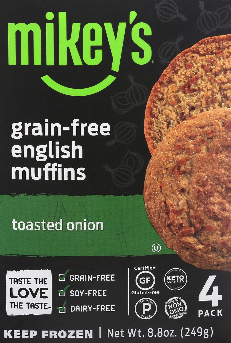 slide 1 of 9, Mikey's Grain Free Toasted Onion English Muffins, 8.8 oz