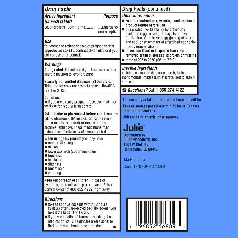 slide 4 of 4, Julie Levonorgestrel 1.5 mg Emergency Contraceptive 1 Tablet, 1 ct