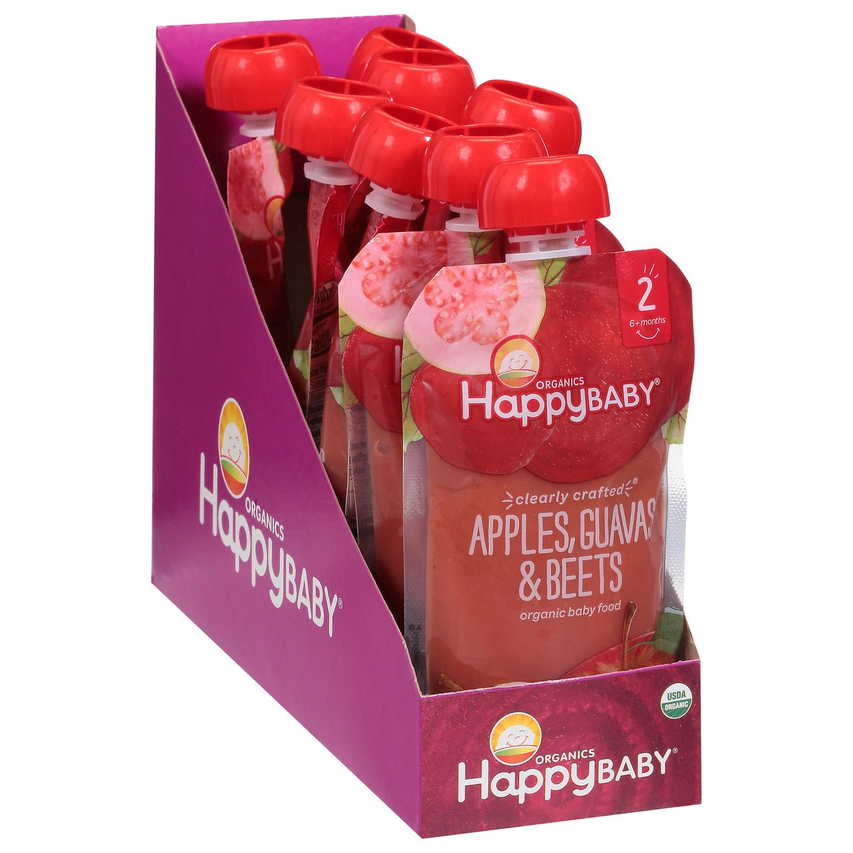 slide 5 of 10, Happy Baby Organics Clearly Crafted Stage 2 (6+ months) Organic Apples, Guavas & Beets Apples, Guavas & Beets Stage 2 8 - 4 oz Pouches, 8 ct