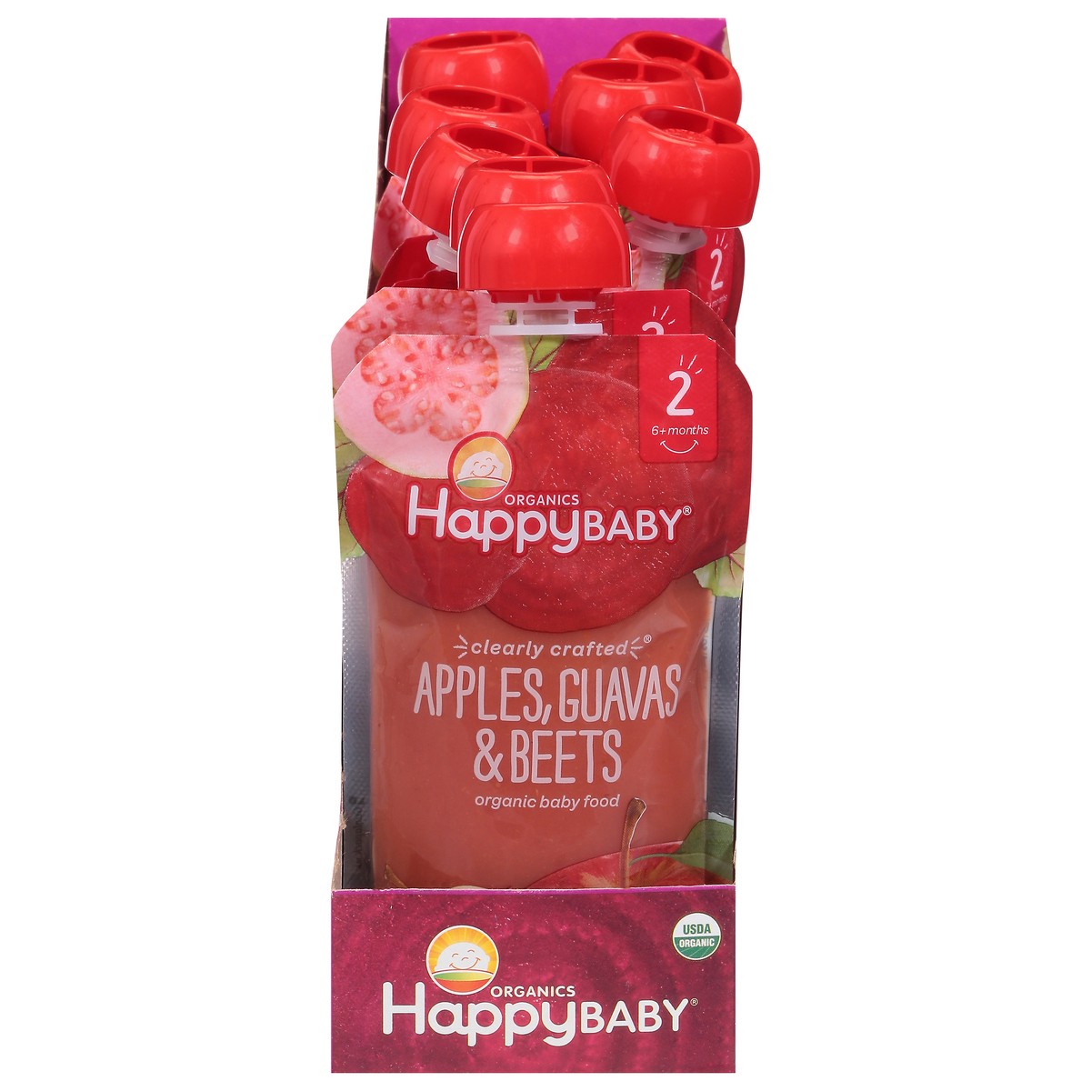 slide 1 of 10, Happy Baby Organics Clearly Crafted Stage 2 (6+ months) Organic Apples, Guavas & Beets Apples, Guavas & Beets Stage 2 8 - 4 oz Pouches, 8 ct