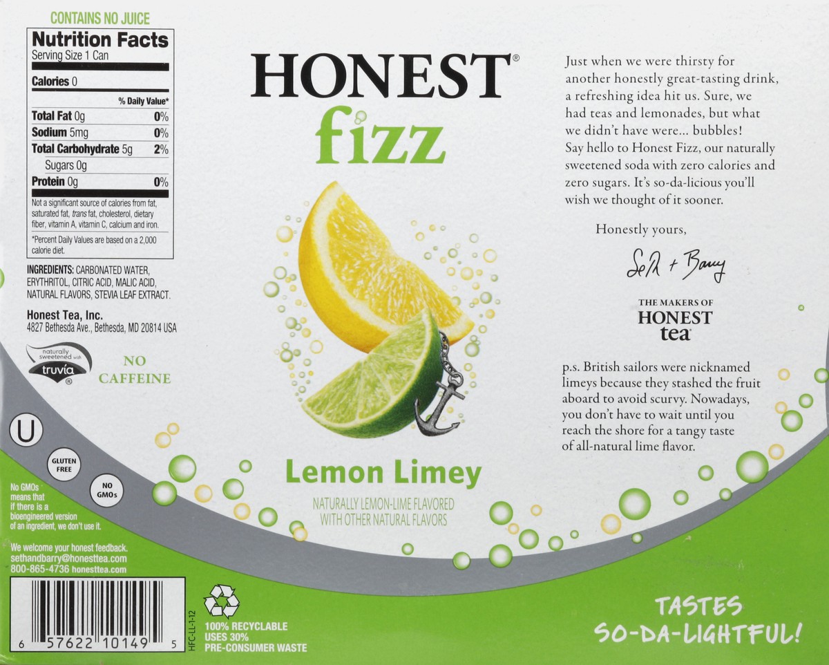 slide 6 of 6, Honest Tea Honest Soda, Zero Calorie, Lemon Limey, Fridge Pack, 6 oz