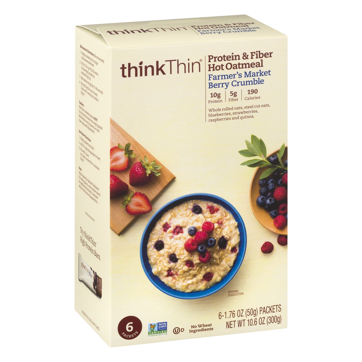 slide 5 of 13, thinkThin Protein & Fiber Farmer's Market Berry Crumble Hot Oatmeal 6 ea, 6 ct