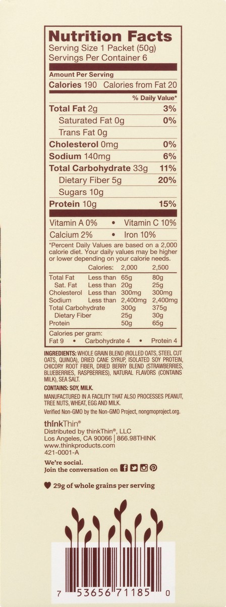 slide 11 of 13, thinkThin Protein & Fiber Farmer's Market Berry Crumble Hot Oatmeal 6 ea, 6 ct