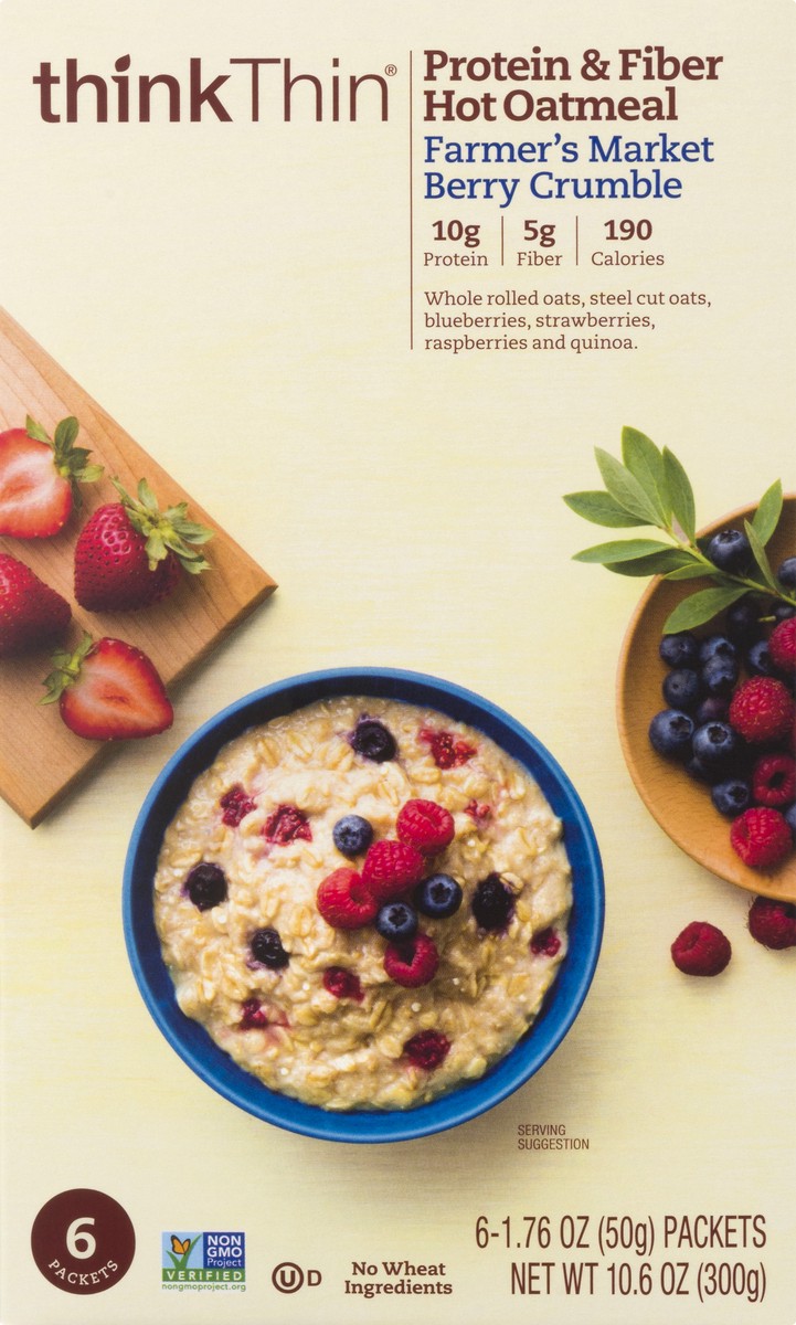 slide 9 of 13, thinkThin Protein & Fiber Farmer's Market Berry Crumble Hot Oatmeal 6 ea, 6 ct