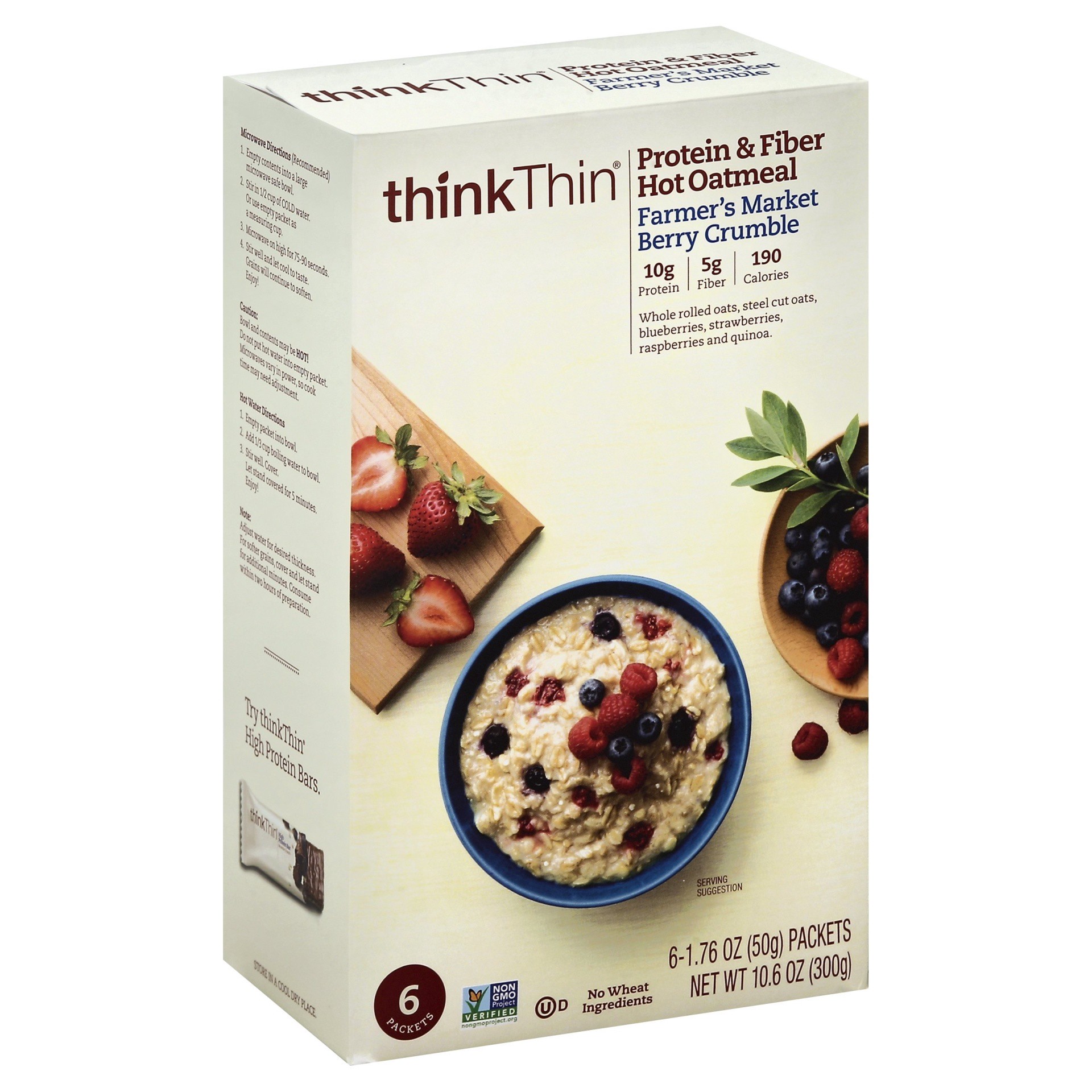 slide 1 of 13, thinkThin Protein & Fiber Farmer's Market Berry Crumble Hot Oatmeal 6 ea, 6 ct