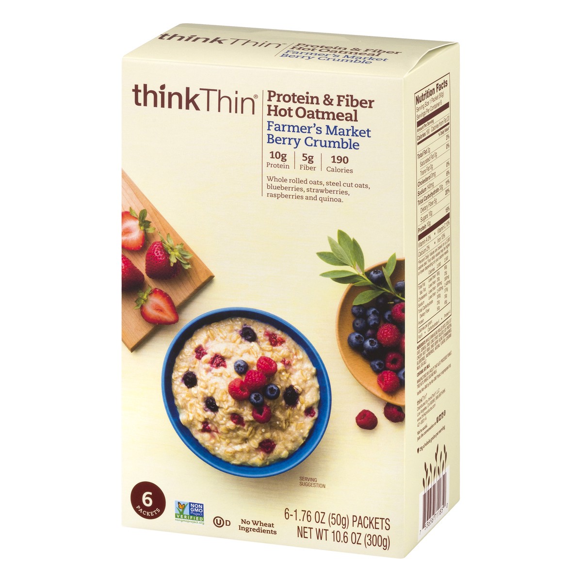 slide 8 of 13, thinkThin Protein & Fiber Farmer's Market Berry Crumble Hot Oatmeal 6 ea, 6 ct