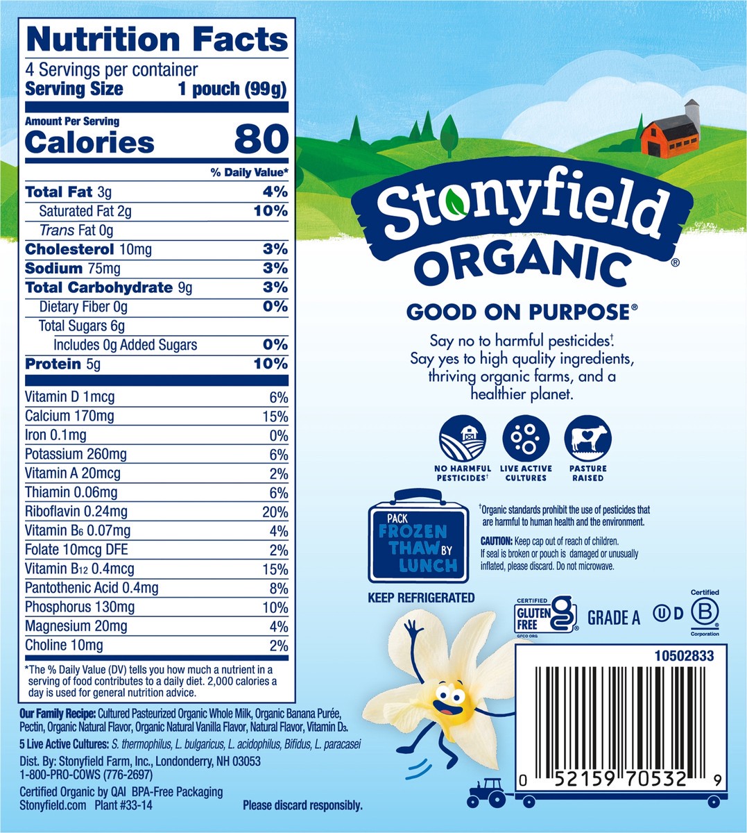 slide 4 of 11, Stonyfield Yogurt, Organic, Zero Added Sugar, Whole Milk, Banilla, 4 ct